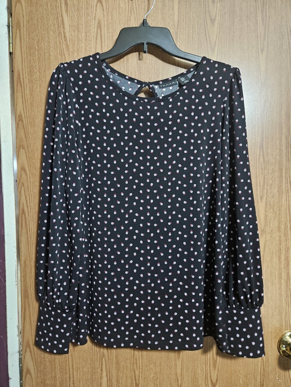 Tahari Polka Dot Whimsigoth Blouse With Keyhole Back Closure Button Sleeves Med!